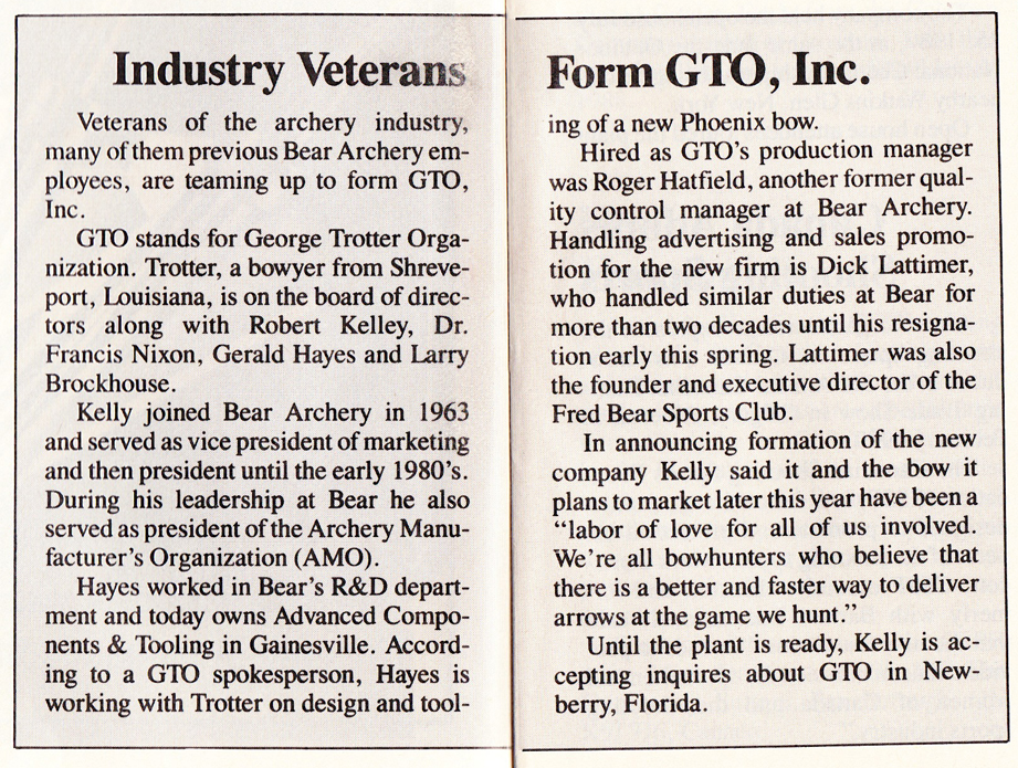 GTO Announcement from Archery Business 1989