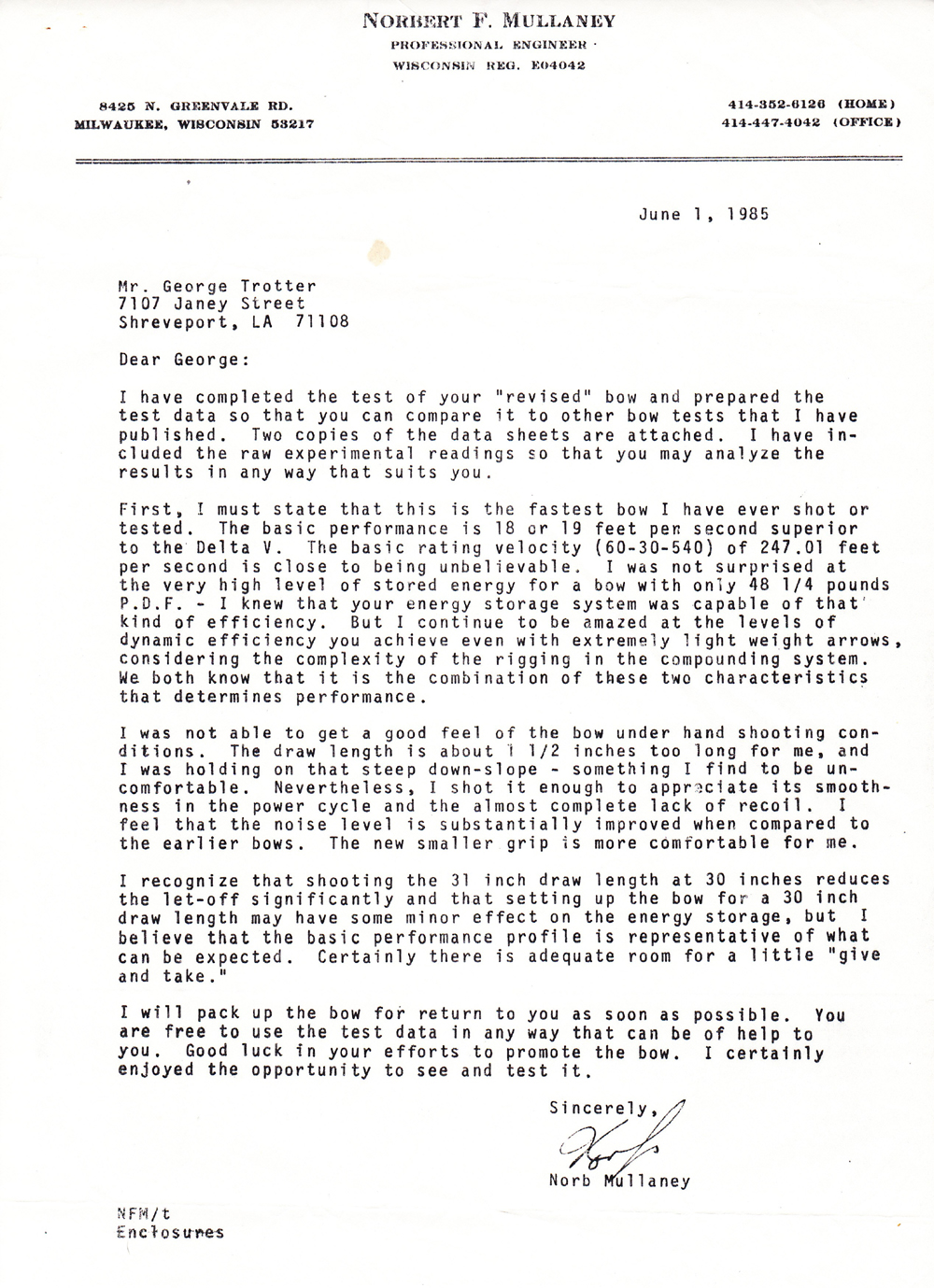 Norb Mullaney letter about "revised" Trotter bow
