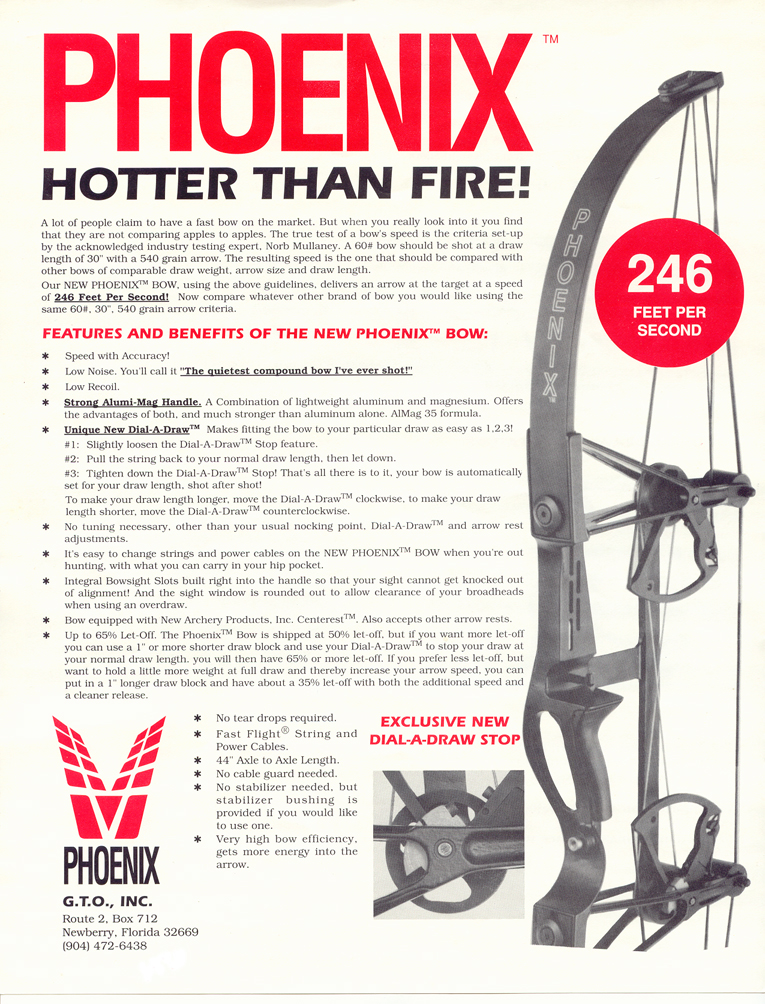 An advertisement for the Phoenix Bow 1990